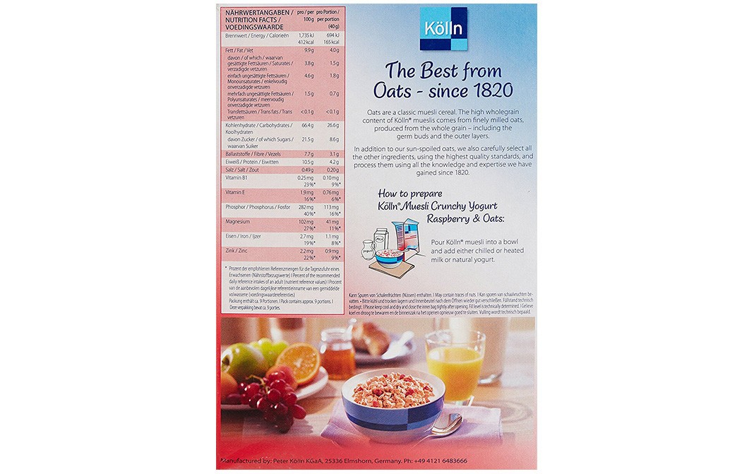 Kolln Muesli Crunchy Yogurt Raspberry & Oats, Knusper Joghurt Himbeer   Box  375 grams